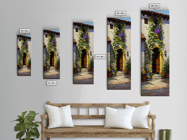 Sunlit Courtyard Doorway Framed Canvas Print, Mediterranean Art, Farmhouse Decor, Living Room Decor, Fine Art, Azure, MAR-1x3-71