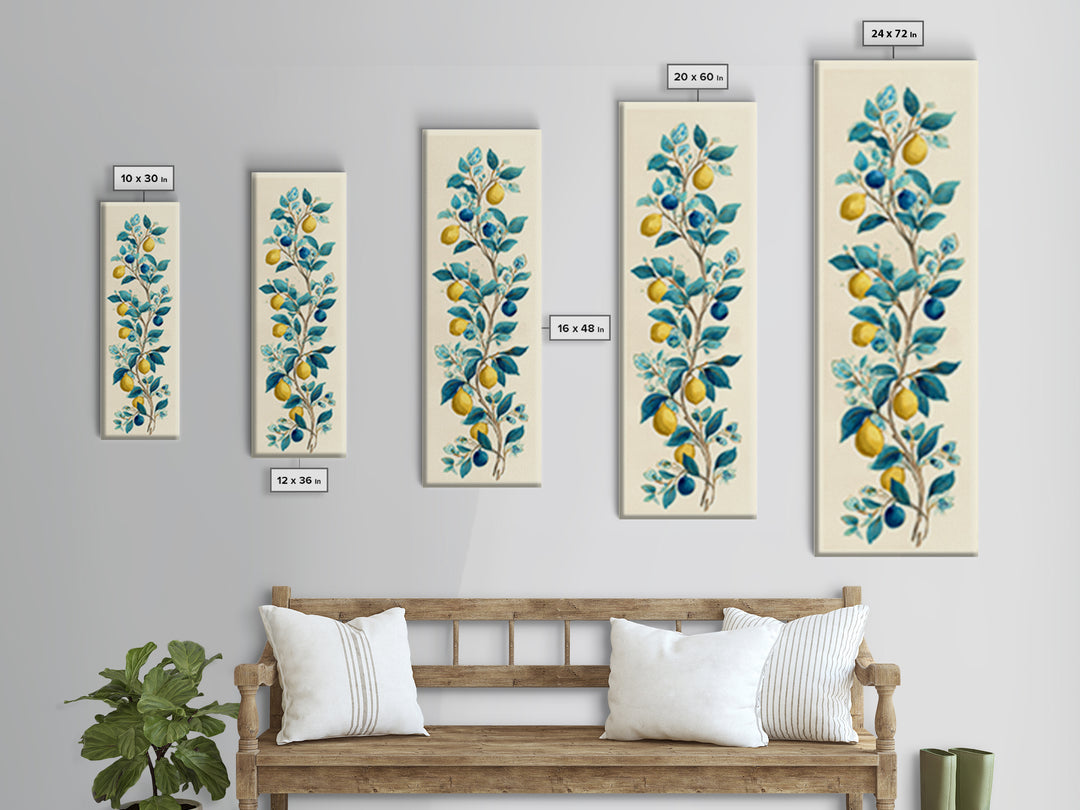 Sicilian Lemon Branch on Ivory Background Canvas Print, Mediterranean Art, Living Room Decor, Oil Painting, Azure, MAR-1x3-73