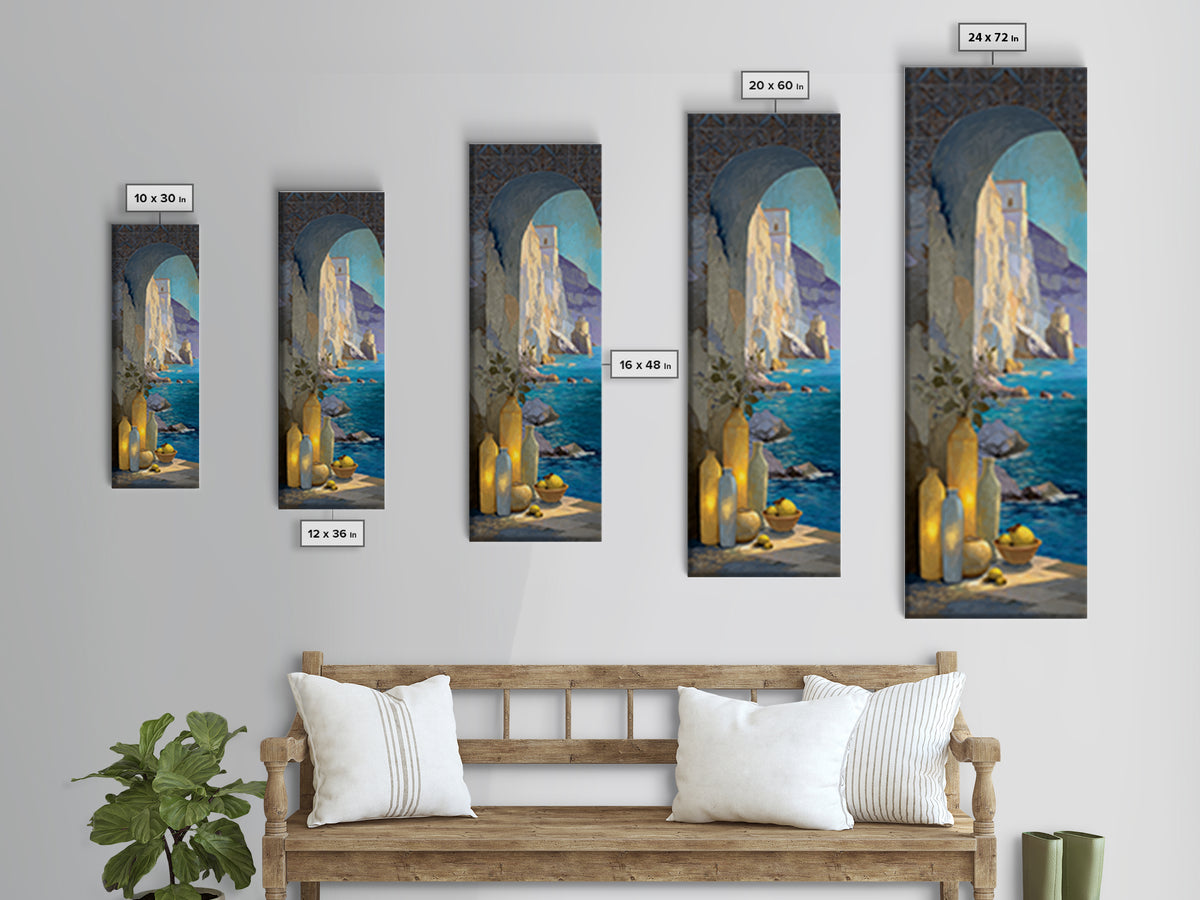 Coastal Cliffs with Sparkling Blue Water Framed Canvas Print, Mediterranean Art, Beach Prints, Living Room Decor, Azure, MAR-1x3-8