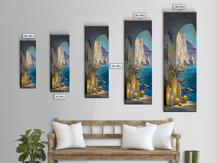 Coastal Cliffs with Sparkling Blue Water Framed Canvas Print, Mediterranean Art, Beach Prints, Living Room Decor, Azure, MAR-1x3-8