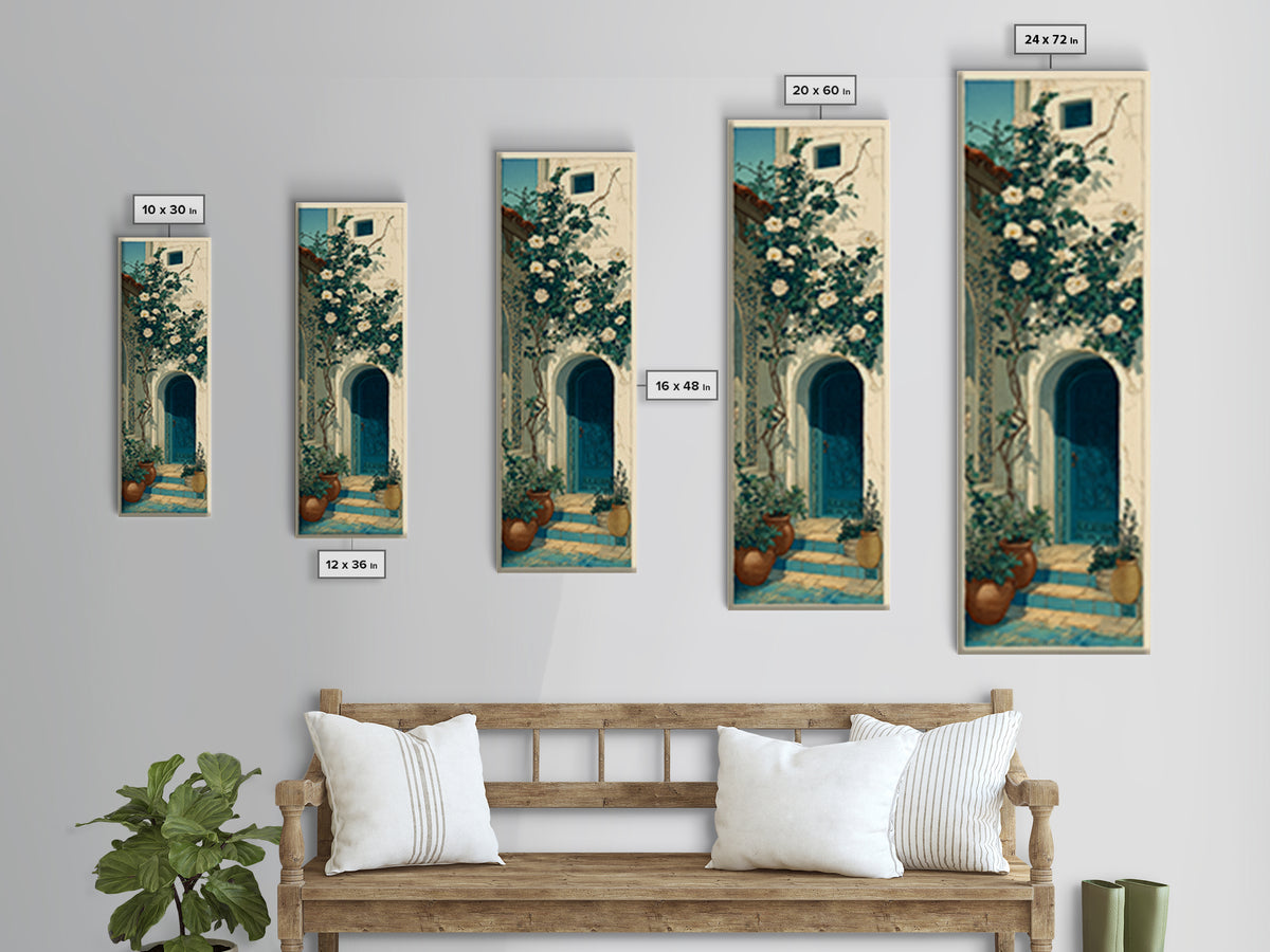 Sunlit Courtyard Doorway Canvas Print, Mediterranean Art, Nautical Decor, Living Room Decor, Oil Painting, Azure, MAR-1x3-95