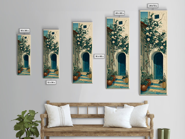 Sunlit Courtyard Doorway Canvas Print, Mediterranean Art, Nautical Decor, Living Room Decor, Oil Painting, Azure, MAR-1x3-95
