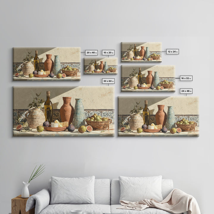 Figs Olives and Cheese Still Life Framed Canvas Print, Mediterranean Art, Minimalist Wall Art, Living Room Decor, Azure, MAR-2x1-100
