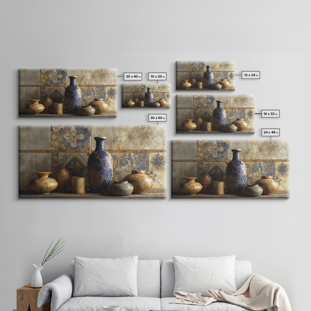 Spanish Tile Ornament Framed Canvas Print, Mediterranean Art, Luxury Decor, Living Room Decor, Fine Art, Azure, Framed Wall Art, MAR-2x1-12