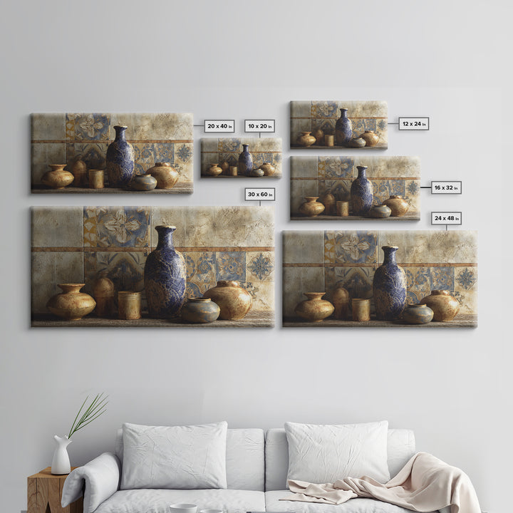 Spanish Tile Ornament Framed Canvas Print, Mediterranean Art, Luxury Decor, Living Room Decor, Fine Art, Azure, Framed Wall Art, MAR-2x1-12