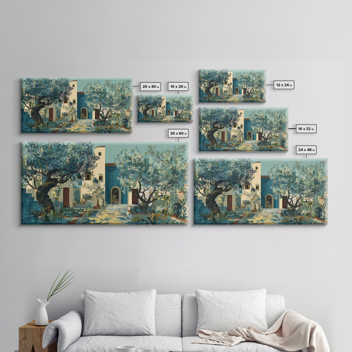 Olive Grove under Pale Morning Light Framed Canvas Print, Mediterranean Art, Boho Decor, Living Room Decor, Fine Art, Azure, MAR-2x1-13