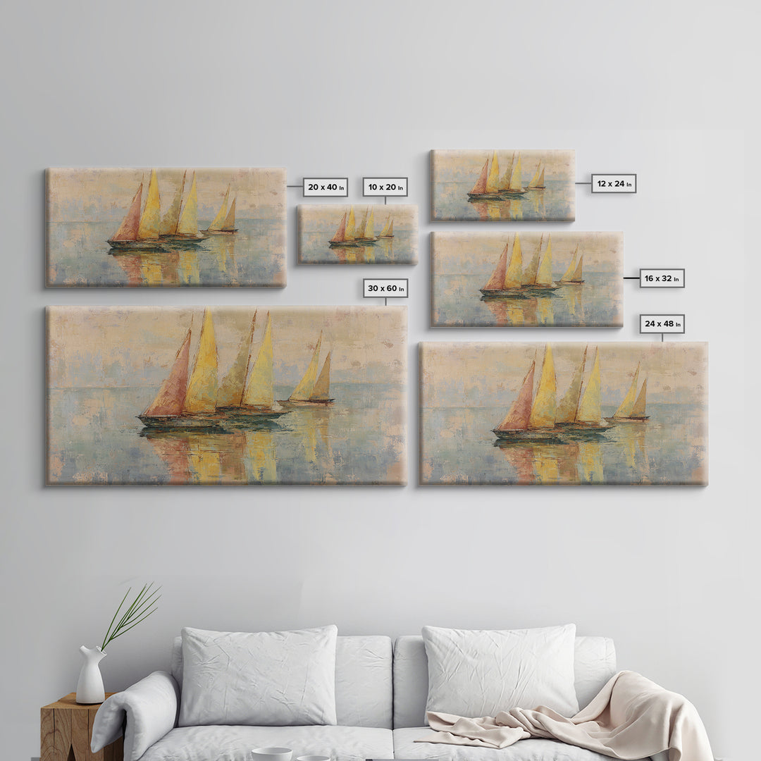 Mediterranean Sailboat on Glassy Water Framed Canvas Print, Mediterranean Art, Travel Poster, Living Room Decor, Watercolor Art, MAR-2x1-14