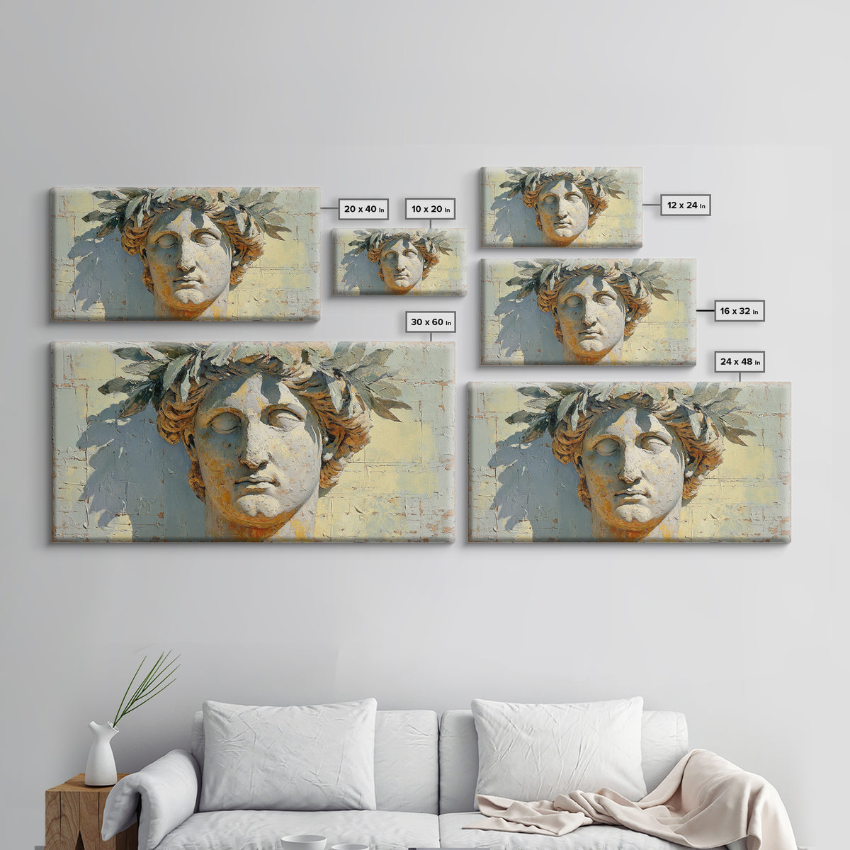 Roman Statue Bust Framed Canvas Print, Mediterranean Art, Gallery Decor, Living Room Decor, Fine Art, Azure, Minimalist Decor, MAR-2x1-18