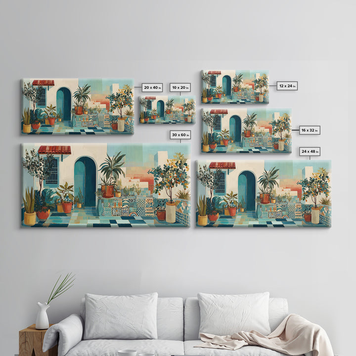Sunset over Red Tiled Rooftops Framed Canvas Print, Mediterranean Art, Gallery Wall Art, Living Room Decor, Fine Art, Azure, MAR-2x1-19