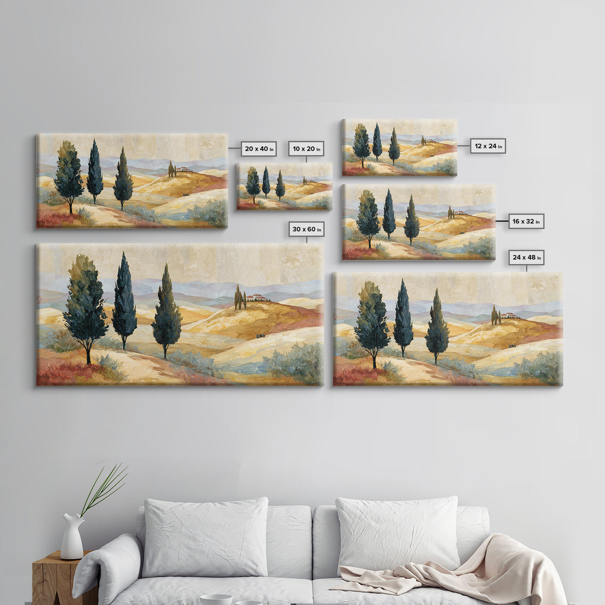 Tuscan Cypress Trees and Golden Hillside Canvas Print, Mediterranean Art, Neutral Decor, Living Room Decor, Abstract Art, Azure, MAR-2x1-2