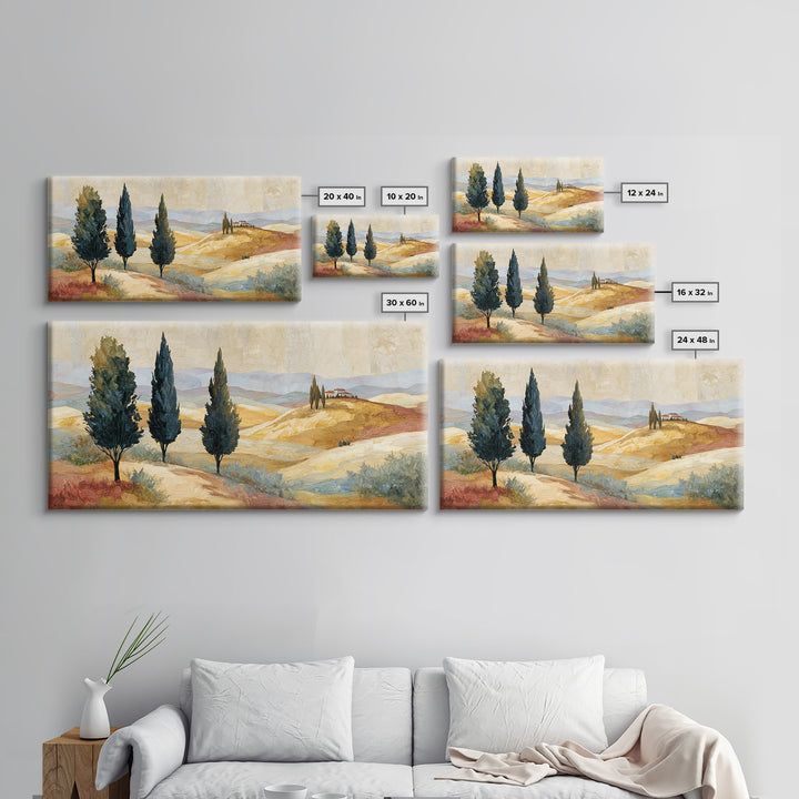 Tuscan Cypress Trees and Golden Hillside Canvas Print, Mediterranean Art, Neutral Decor, Living Room Decor, Abstract Art, Azure, MAR-2x1-2