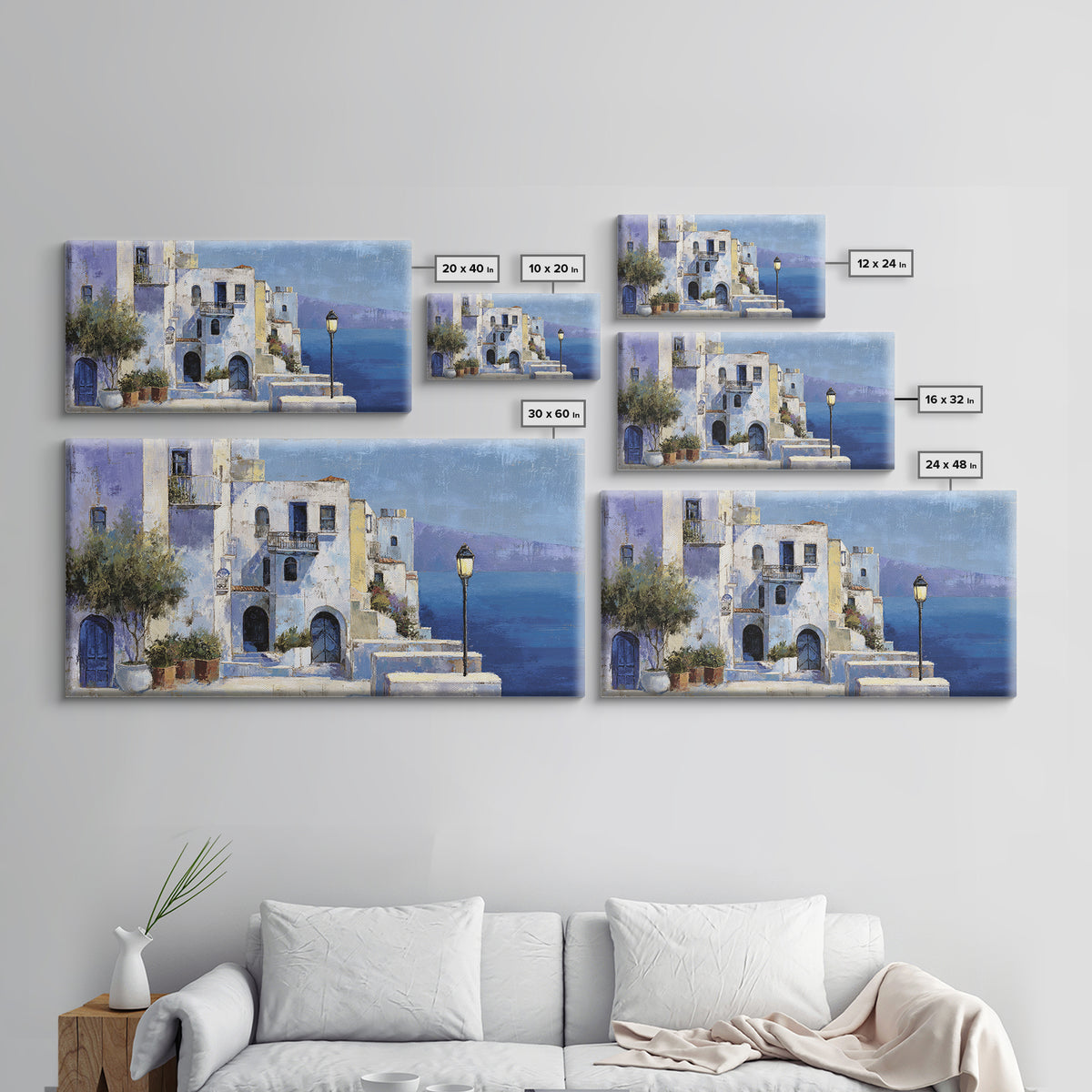 Greek Island White Buildings Above Blue Sea Canvas Print, Mediterranean Art, Luxury Decor, Living Room Decor, Oil Painting, MAR-2x1-21