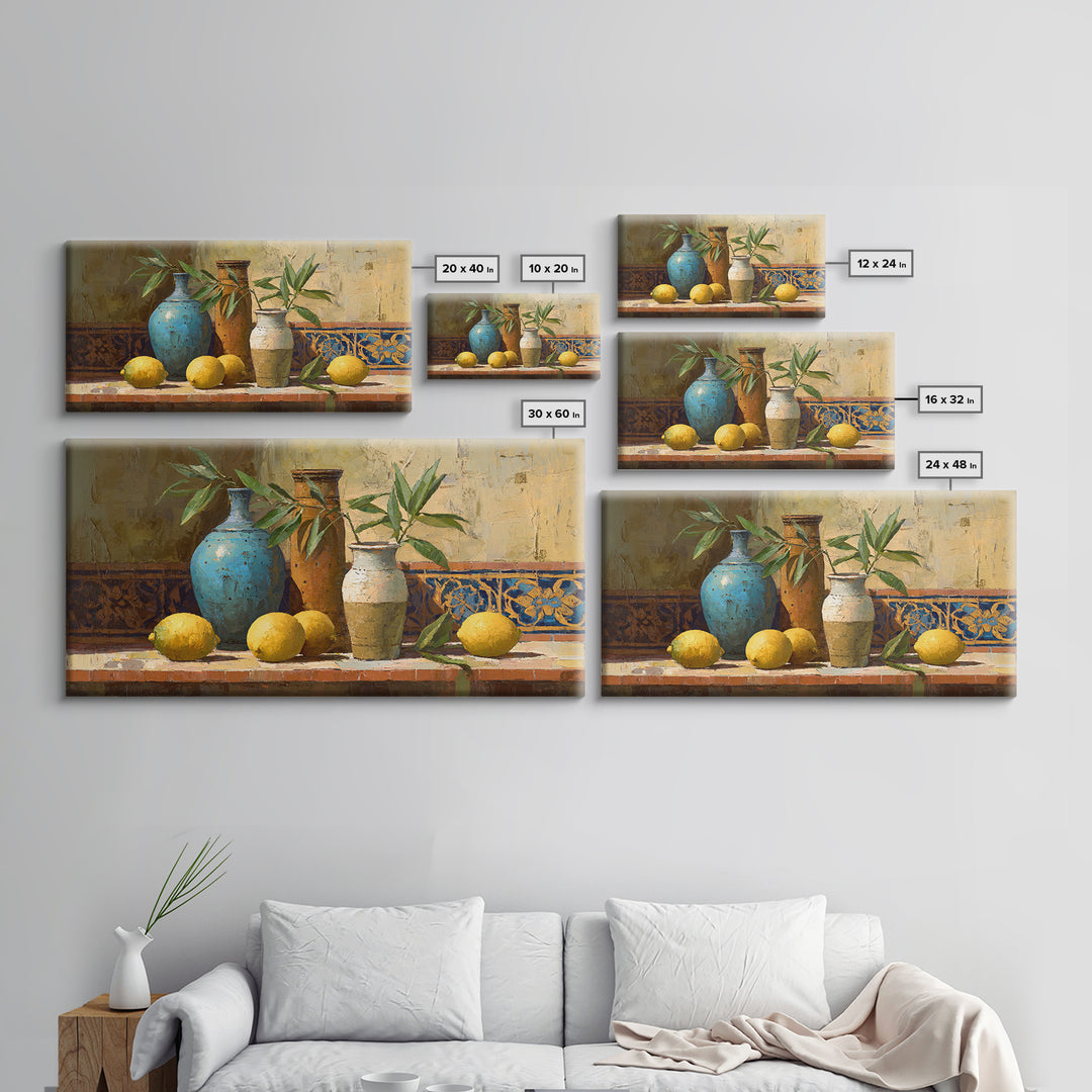 Olive Branch and Lemons on Terracotta Ground Canvas Print, Mediterranean Art, Wall Decor, Living Room Decor, Fine Art, Azure, MAR-2x1-22