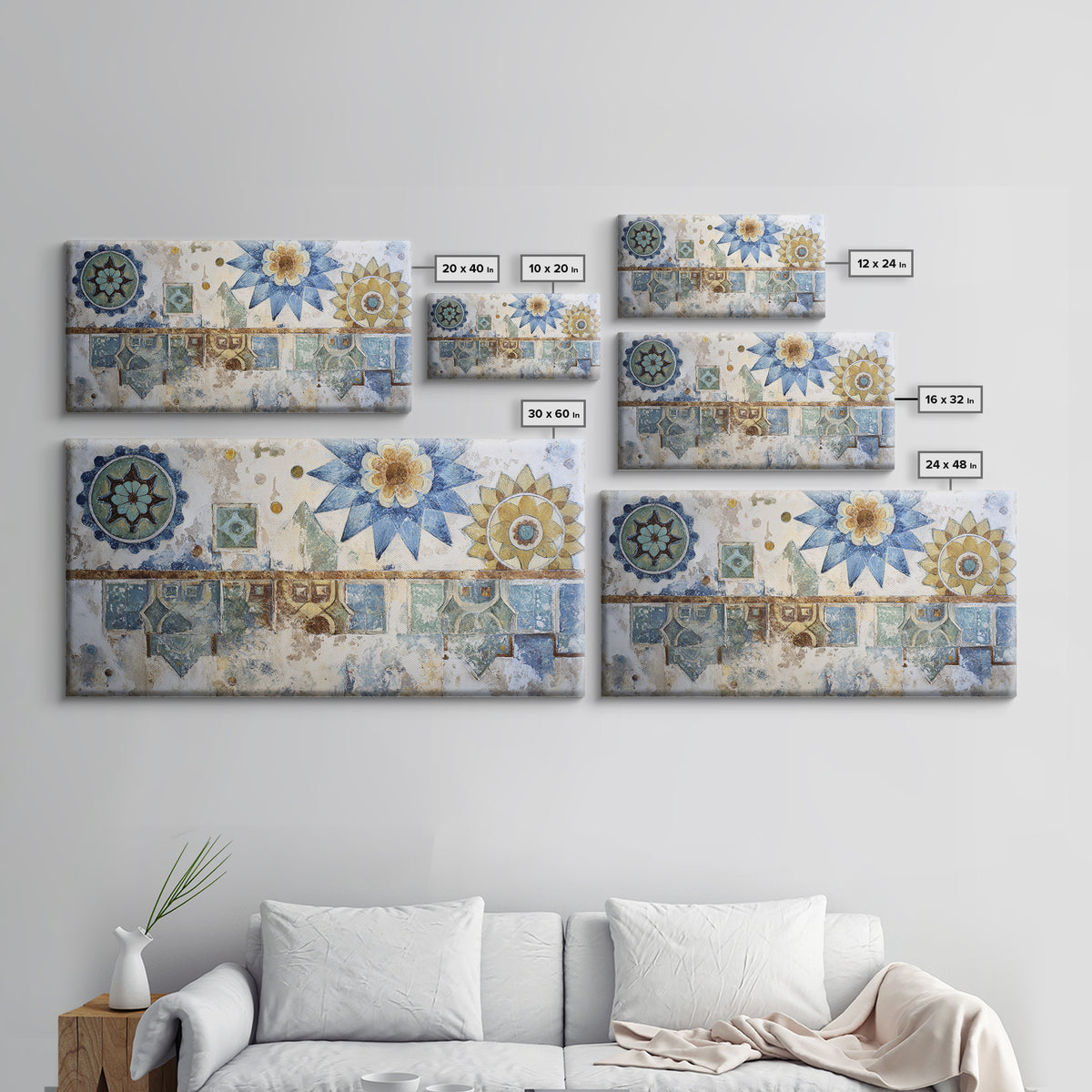 Blue and White Tile Pattern Framed Canvas Print, Mediterranean Art, Textured Painting, Living Room Decor, Fine Art, Azure, MAR-2x1-24