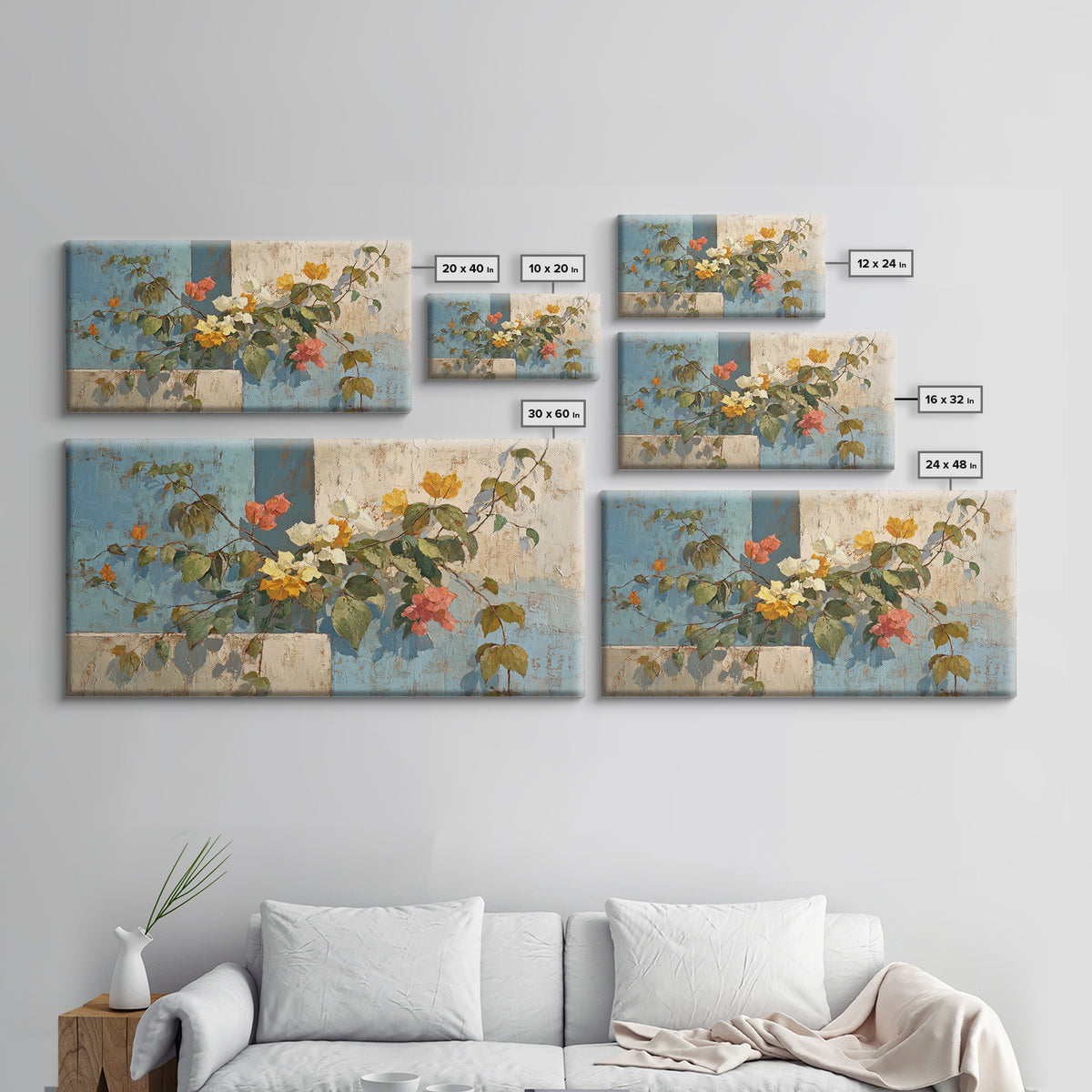 Bougainvillea Cascading over Stone Wall Framed Canvas Print, Mediterranean Art, Art Print, Living Room Decor, Fine Art, Azure, MAR-2x1-25