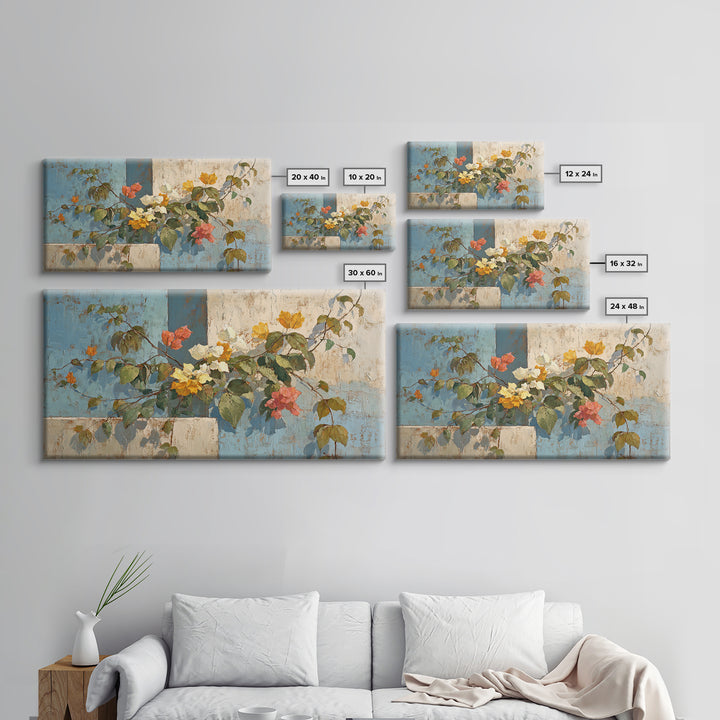 Bougainvillea Cascading over Stone Wall Framed Canvas Print, Mediterranean Art, Art Print, Living Room Decor, Fine Art, Azure, MAR-2x1-25