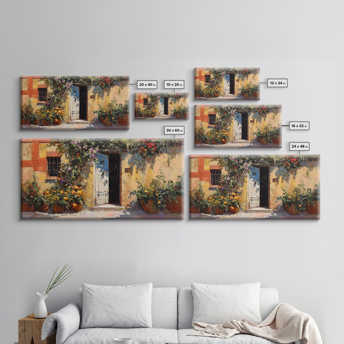 Sunlit Courtyard Doorway Canvas Print, Mediterranean Art, Large Wall Art, Living Room Decor, Azure, Digital Art Prints, MAR-2x1-31