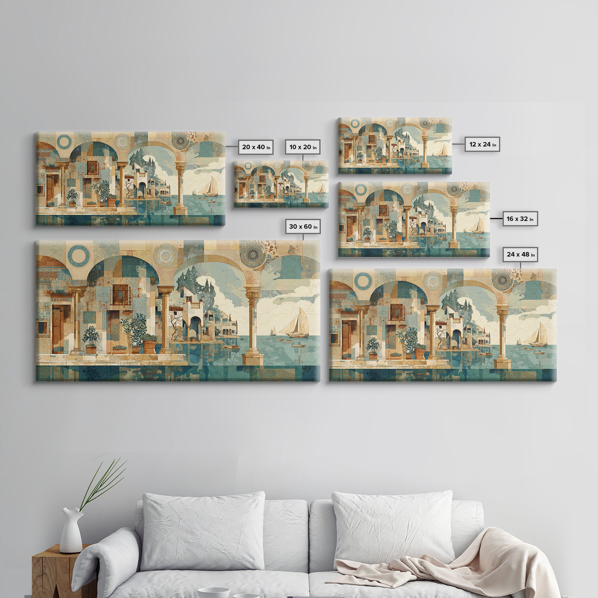 Ancient Column with Sea and Sky Beyond Canvas Print, Mediterranean Art, Minimalist Decor, Living Room Decor, Oil Painting, MAR-2x1-32