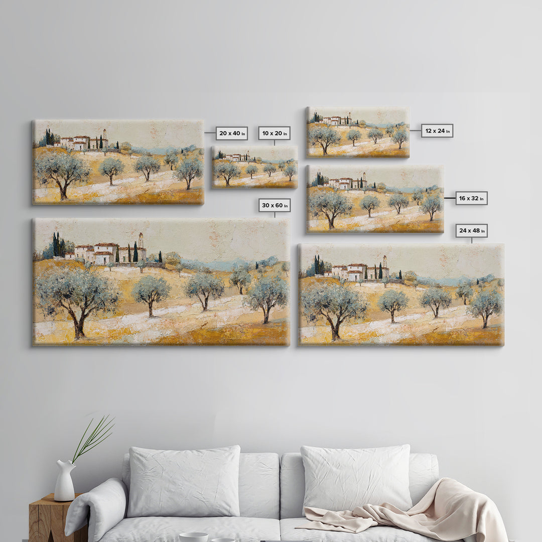 Olive Grove under Pale Morning Light Framed Canvas Print, Mediterranean Art, Boho Decor, Living Room Decor, Fine Art, Azure, MAR-2x1-37