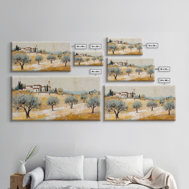Olive Grove under Pale Morning Light Framed Canvas Print, Mediterranean Art, Boho Decor, Living Room Decor, Fine Art, Azure, MAR-2x1-37