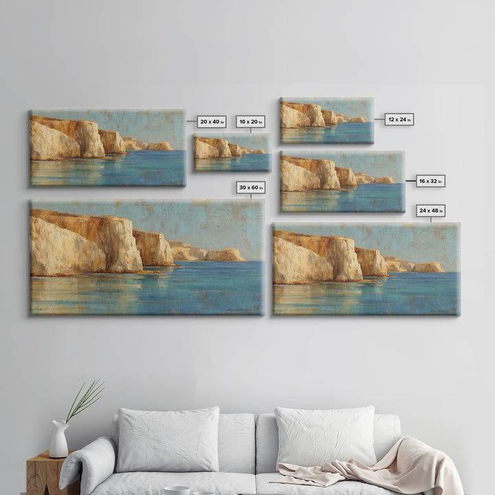 Coastal Cliffs with Sparkling Blue Water Framed Canvas Print, Mediterranean Art, Home Decor, Living Room Decor, Fine Art, Azure, MAR-2x1-40