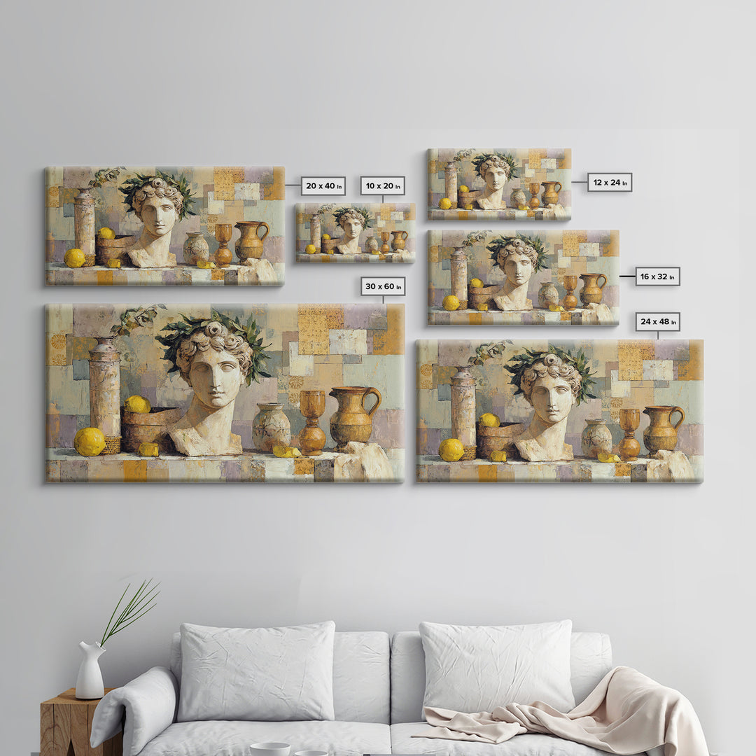 Roman Statue Bust Framed Canvas Print, Mediterranean Art, Gallery Decor, Living Room Decor, Fine Art, Azure, Minimalist Decor, MAR-2x1-42