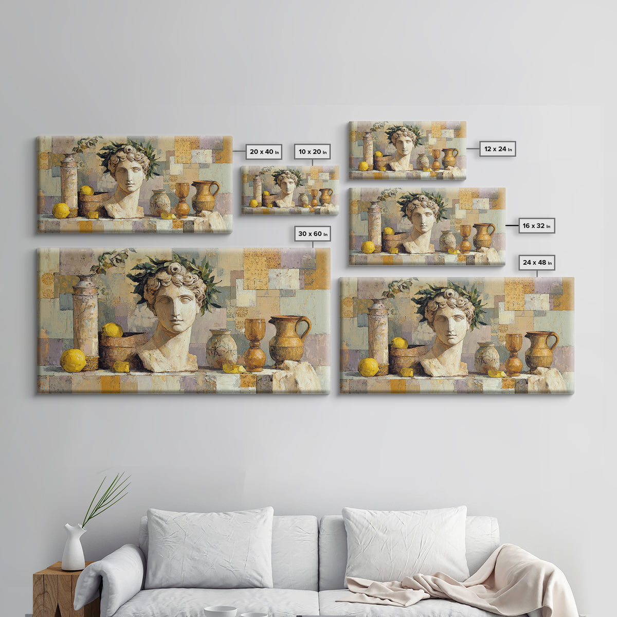 Roman Statue Bust Framed Canvas Print, Mediterranean Art, Gallery Decor, Living Room Decor, Fine Art, Azure, Minimalist Decor, MAR-2x1-42