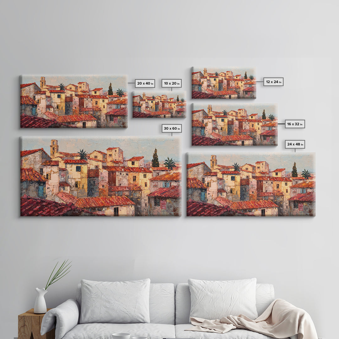 Sunset over Red Tiled Rooftops Framed Canvas Print, Mediterranean Art, Original Painting, Living Room Decor, Fine Art, Azure, MAR-2x1-43