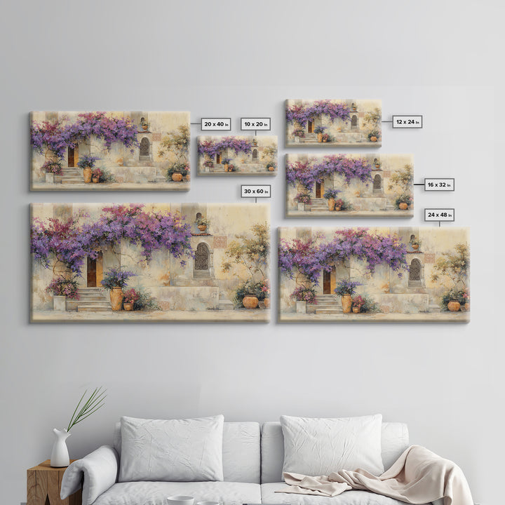Bougainvillea Cascading over Stone Wall Canvas Print, Mediterranean Art, Home Decor, Living Room Decor, Fine Art, Azure, MAR-2x1-49