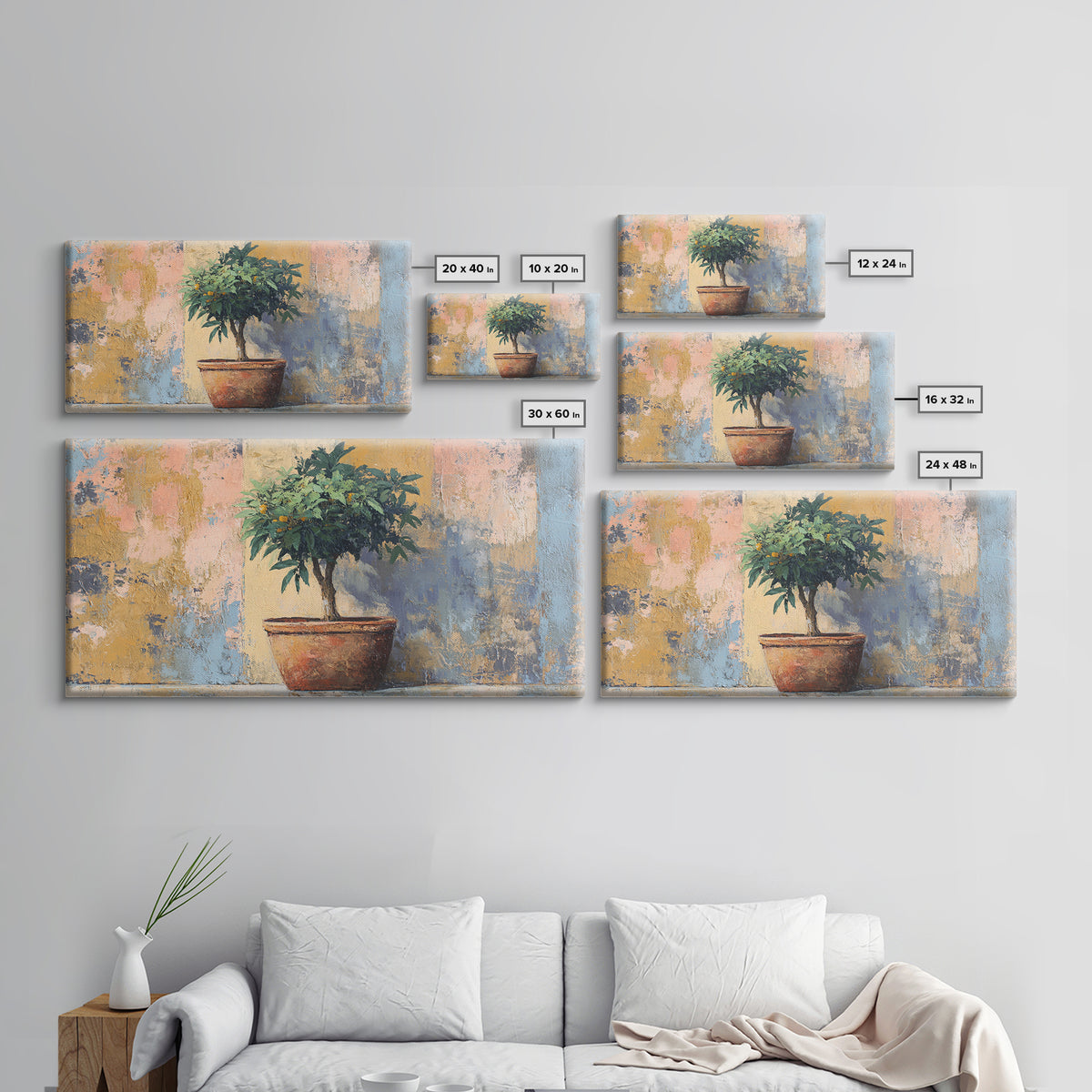 Citrus Tree in Clay Pot Framed Canvas Print, Mediterranean Art, Modern Decor, Living Room Decor, Fine Art, Azure, MAR-2x1-6