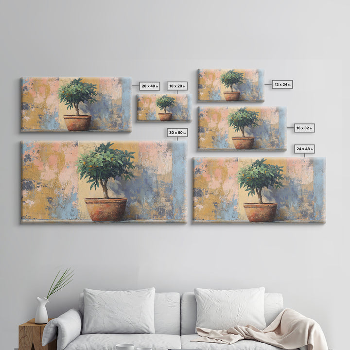 Citrus Tree in Clay Pot Framed Canvas Print, Mediterranean Art, Modern Decor, Living Room Decor, Fine Art, Azure, MAR-2x1-6