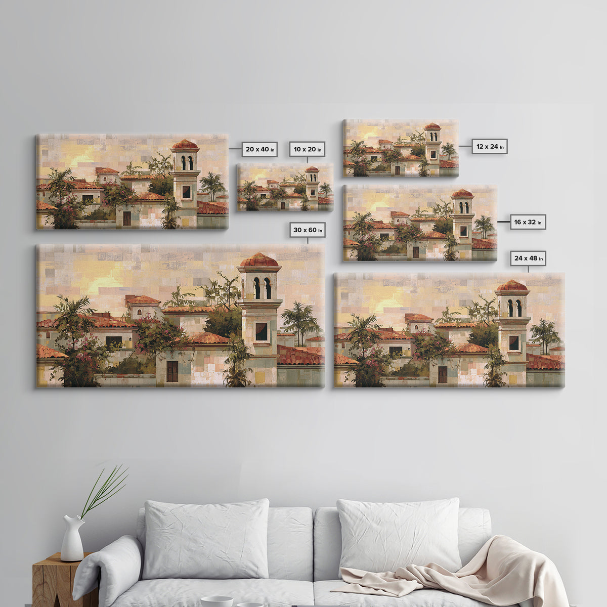 Sunset over Red Tiled Rooftops Framed Canvas Print, Mediterranean Art, Landscape Wall Art, Living Room Decor, Fine Art, Azure, MAR-2x1-67