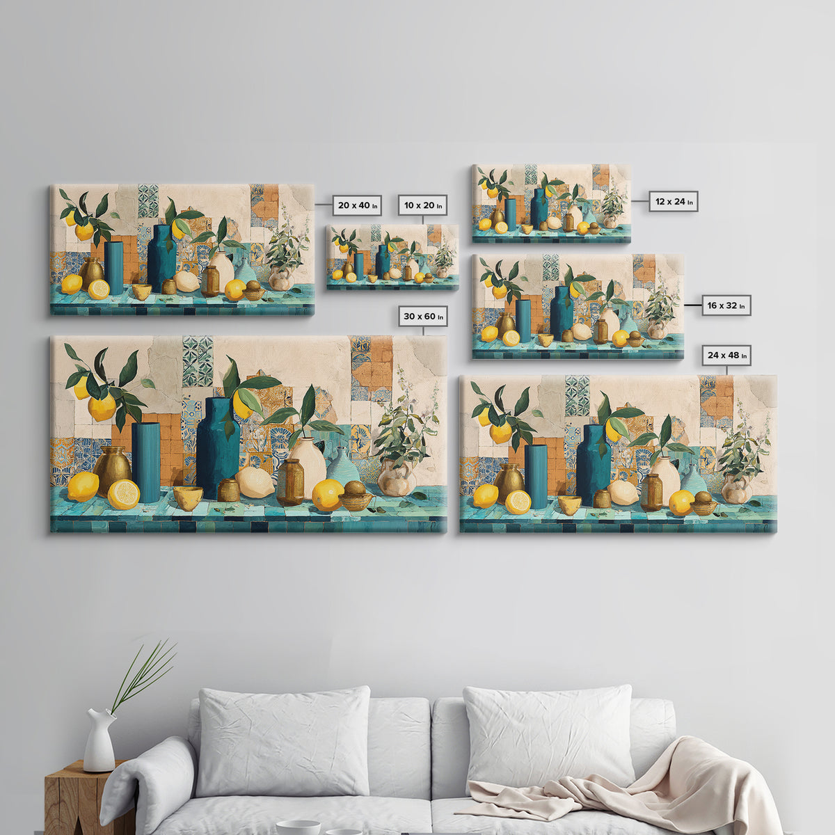 Olive Branch and Lemons on Terracotta Ground Canvas Print, Mediterranean Art, Minimalist Decor, Living Room Decor, Oil Painting, MAR-2x1-70