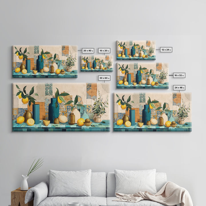 Olive Branch and Lemons on Terracotta Ground Canvas Print, Mediterranean Art, Minimalist Decor, Living Room Decor, Oil Painting, MAR-2x1-70