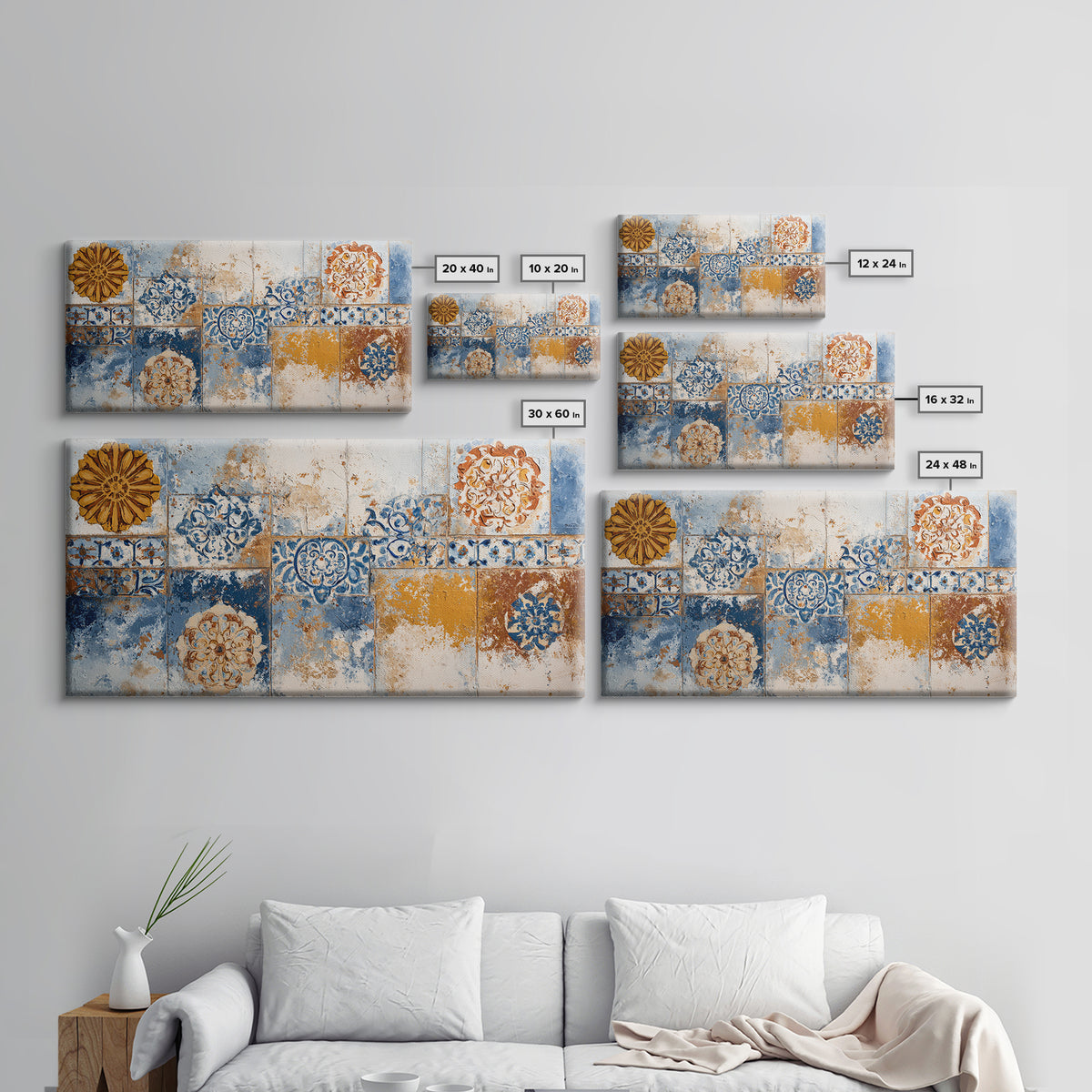 Blue and White Tile Pattern Framed Canvas Print, Mediterranean Art, Printable Art, Living Room Decor, Fine Art, Azure, MAR-2x1-72