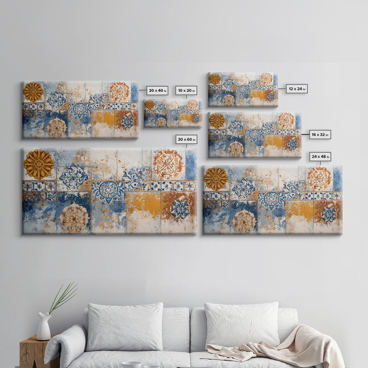 Blue and White Tile Pattern Framed Canvas Print, Mediterranean Art, Printable Art, Living Room Decor, Fine Art, Azure, MAR-2x1-72