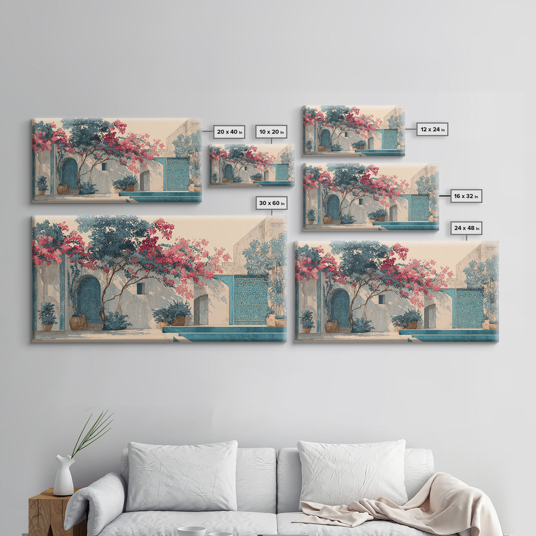 Bougainvillea Cascading over Stone Wall Canvas Print, Mediterranean Art, Home Decor, Living Room Decor, Fine Art, Azure, MAR-2x1-73