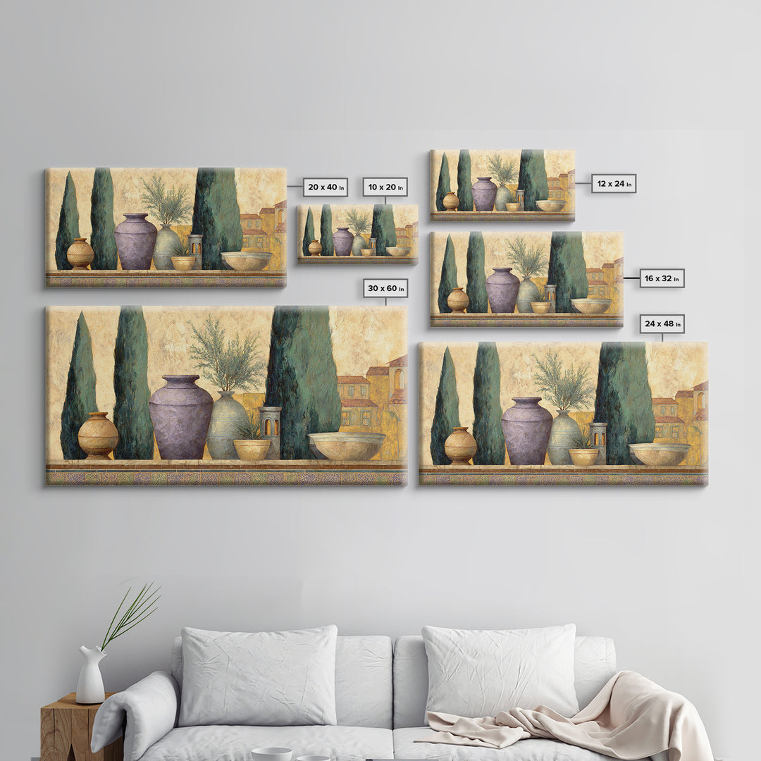 Tuscan Cypress Trees and Golden Hillside Canvas Print, Mediterranean Art, Living Room Decor, Watercolor Art, Azure, MAR-2x1-74