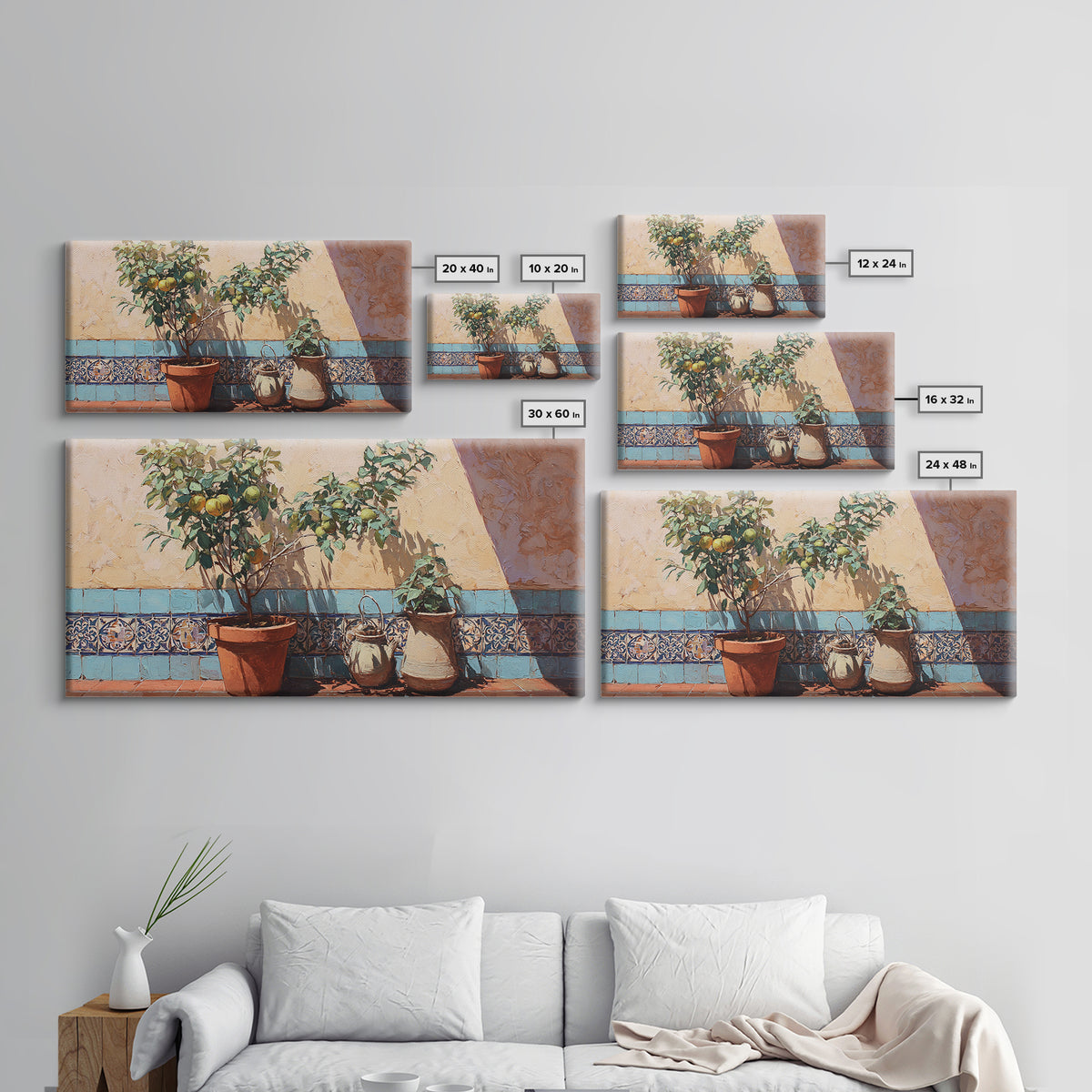 Citrus Tree in Clay Pot Canvas Print, Mediterranean Art, Art Print, Living Room Decor, Fine Art, Azure, Digital Print, MAR-2x1-78