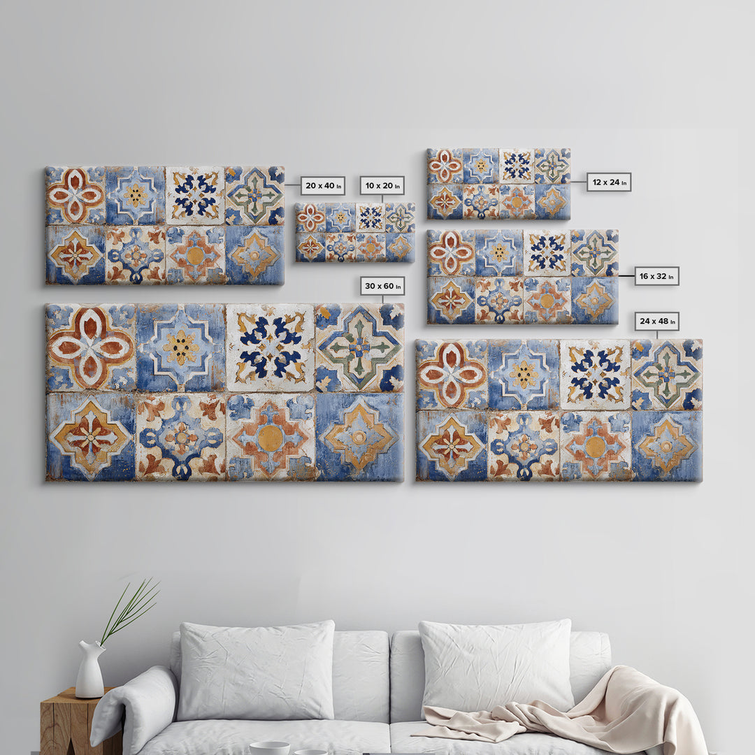 Spanish Tile Ornament Framed Canvas Print, Mediterranean Art, Coastal Wall Art, Living Room Decor, Azure, Living Room Art, MAR-2x1-84