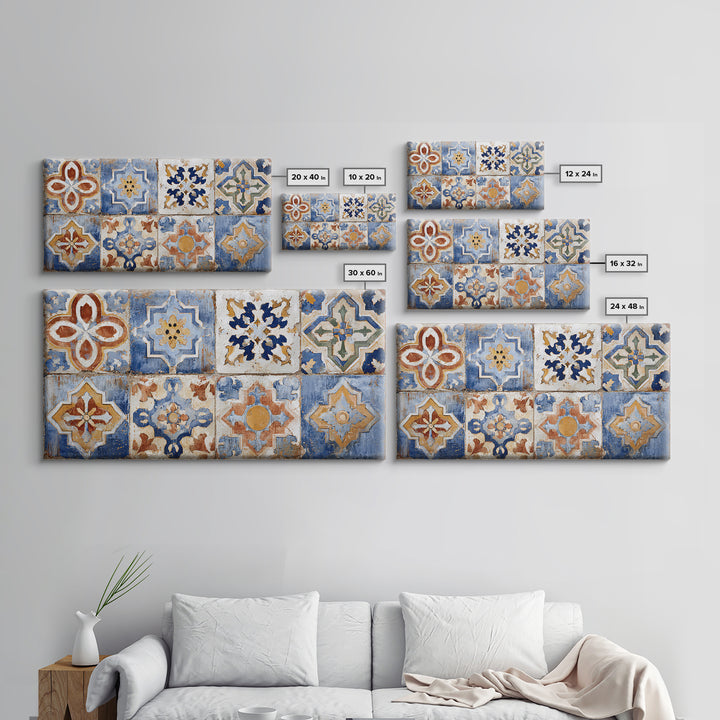 Spanish Tile Ornament Framed Canvas Print, Mediterranean Art, Coastal Wall Art, Living Room Decor, Azure, Living Room Art, MAR-2x1-84