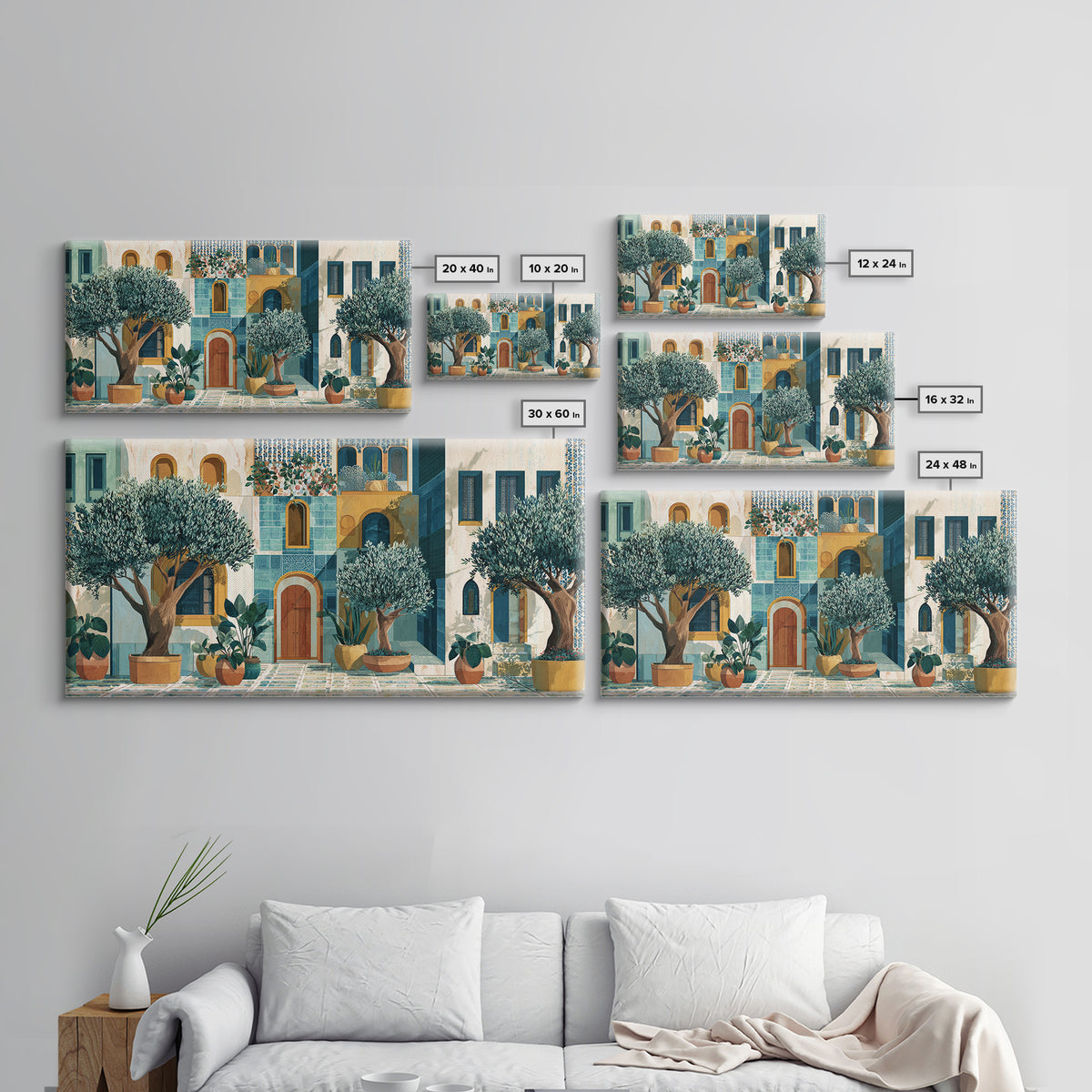 Olive Grove under Pale Morning Light Framed Canvas Print, Mediterranean Art, Oil Painting, Living Room Decor, Fine Art, Azure, MAR-2x1-85