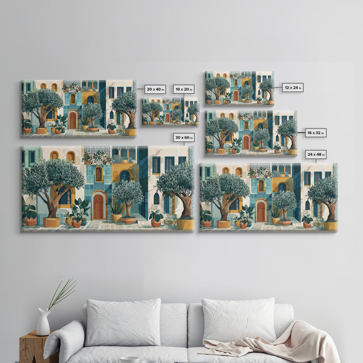 Olive Grove under Pale Morning Light Framed Canvas Print, Mediterranean Art, Oil Painting, Living Room Decor, Fine Art, Azure, MAR-2x1-85