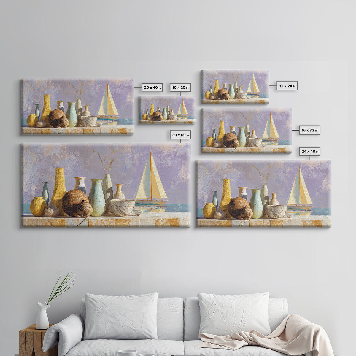 Mediterranean Sailboat on Glassy Water Framed Canvas Print, Mediterranean Art, Textured Painting, Living Room Decor, Azure, MAR-2x1-86
