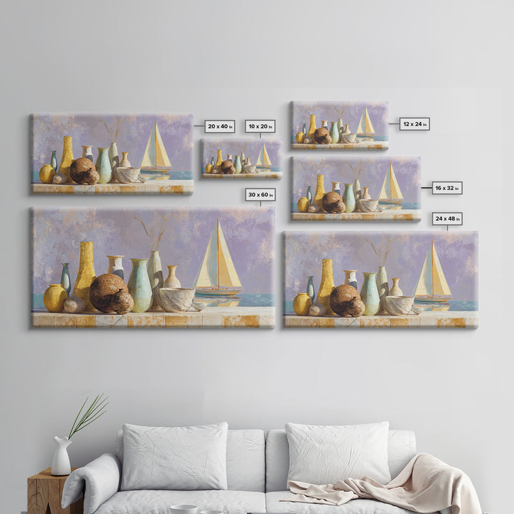 Mediterranean Sailboat on Glassy Water Framed Canvas Print, Mediterranean Art, Textured Painting, Living Room Decor, Azure, MAR-2x1-86