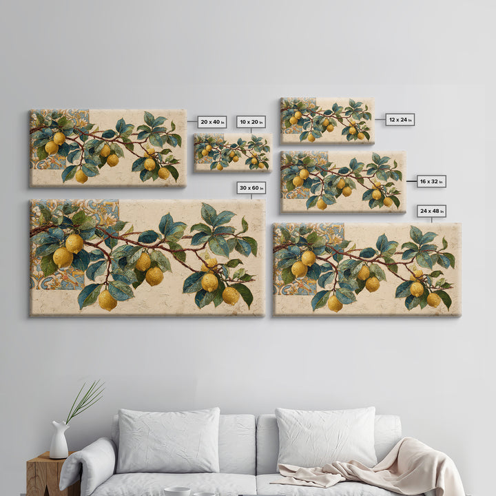 Sicilian Lemon Branch on Ivory Background Canvas Print, Mediterranean Art, Statement Artwork, Living Room Decor, Azure, MAR-2x1-9