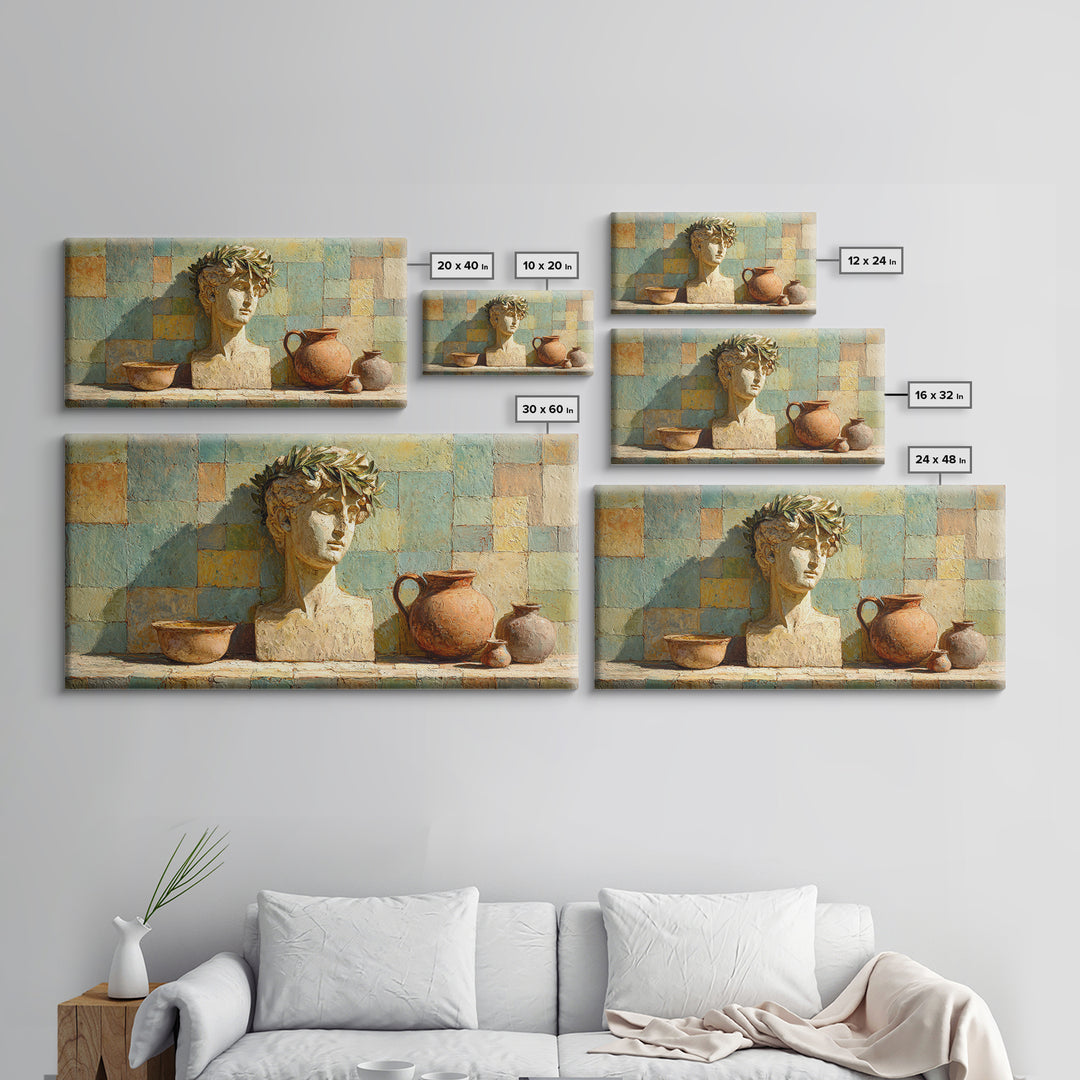 Roman Statue Bust Framed Canvas Print, Mediterranean Art, Living Room Decor, Oil Painting, Azure, Farmhouse Decor, MAR-2x1-90