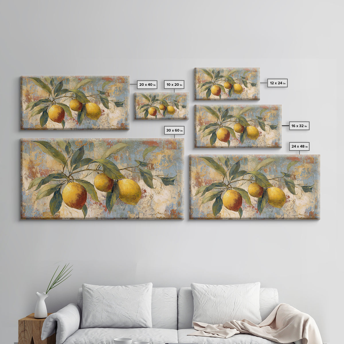 Olive Branch and Lemons on Terracotta Ground Canvas Print, Mediterranean Art, Minimalist Decor, Living Room Decor, Oil Painting, MAR-2x1-94