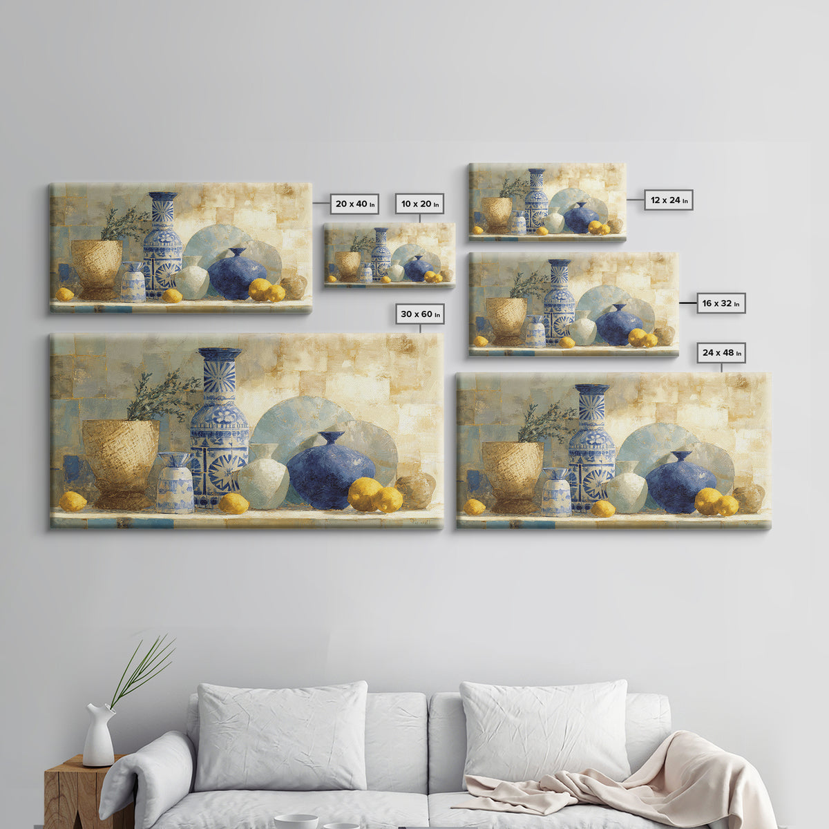 Blue and White Tile Pattern Framed Canvas Print, Mediterranean Art, Coastal Decor, Living Room Decor, Oil Painting, Azure, MAR-2x1-96