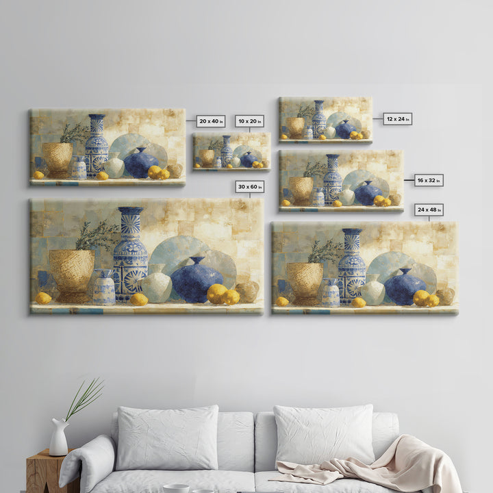 Blue and White Tile Pattern Framed Canvas Print, Mediterranean Art, Coastal Decor, Living Room Decor, Oil Painting, Azure, MAR-2x1-96